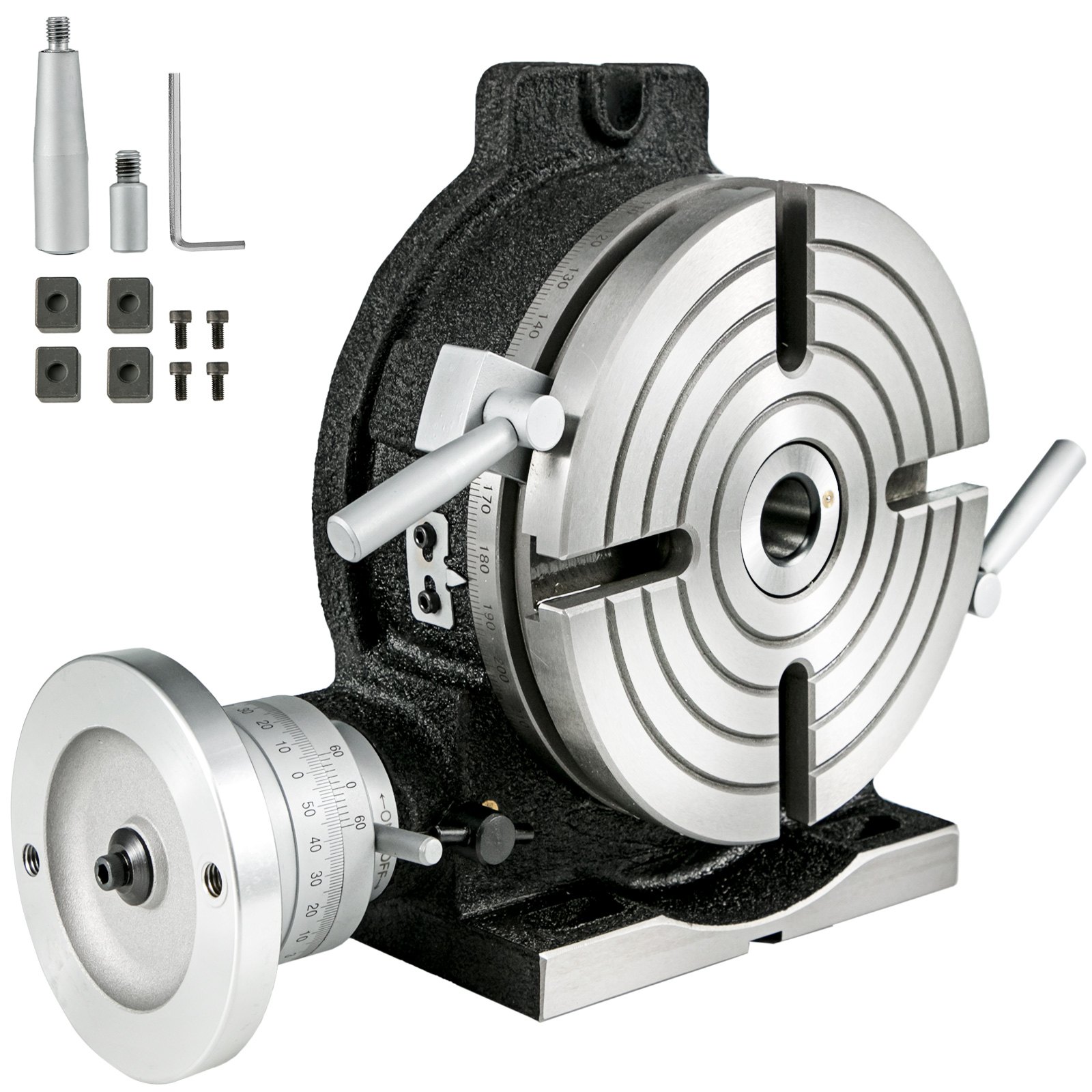 VEVOR rotary table with accessories, featuring precise scale and sturdy design.