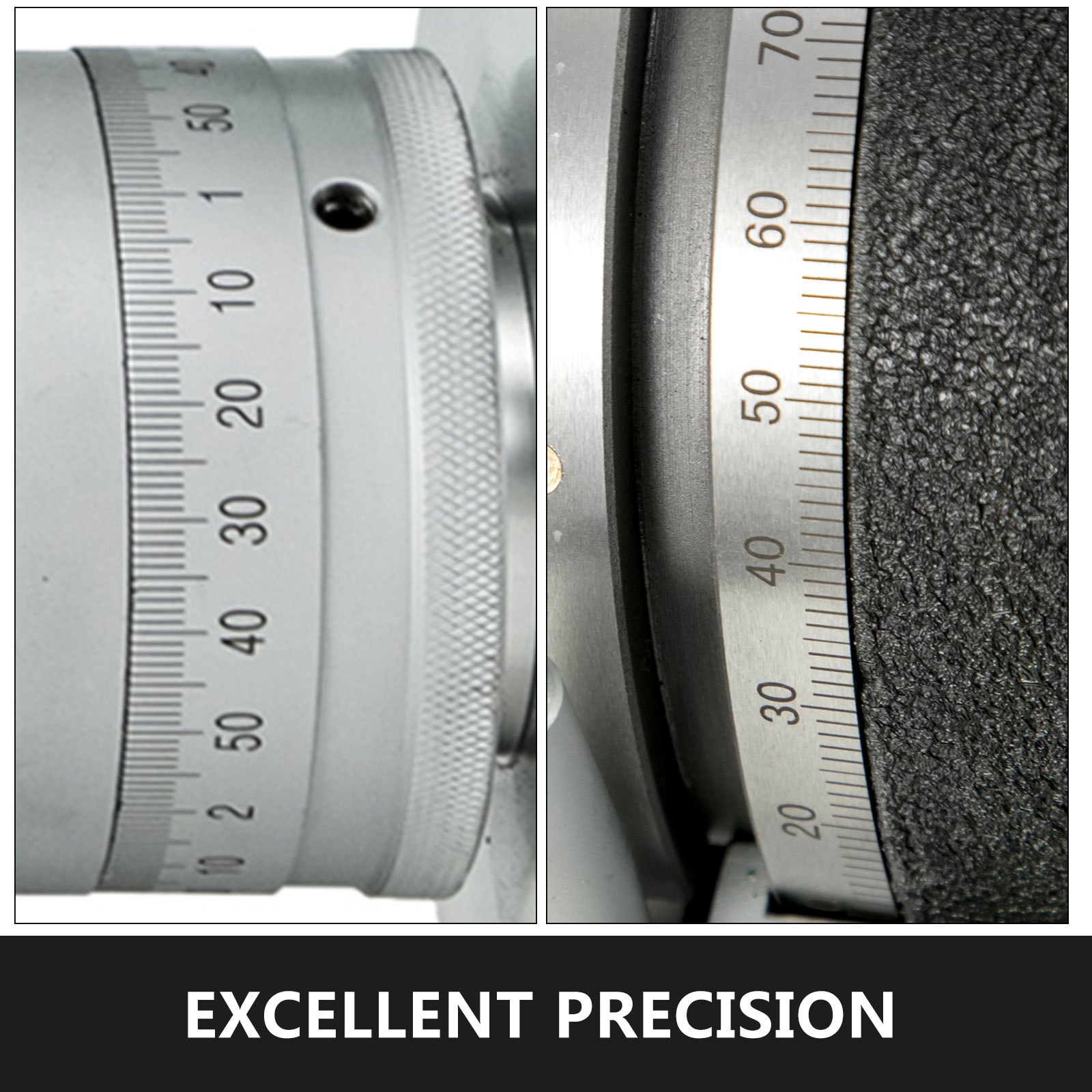 close-up of the VEVOR rotary table dials showing detailed measurement markings.