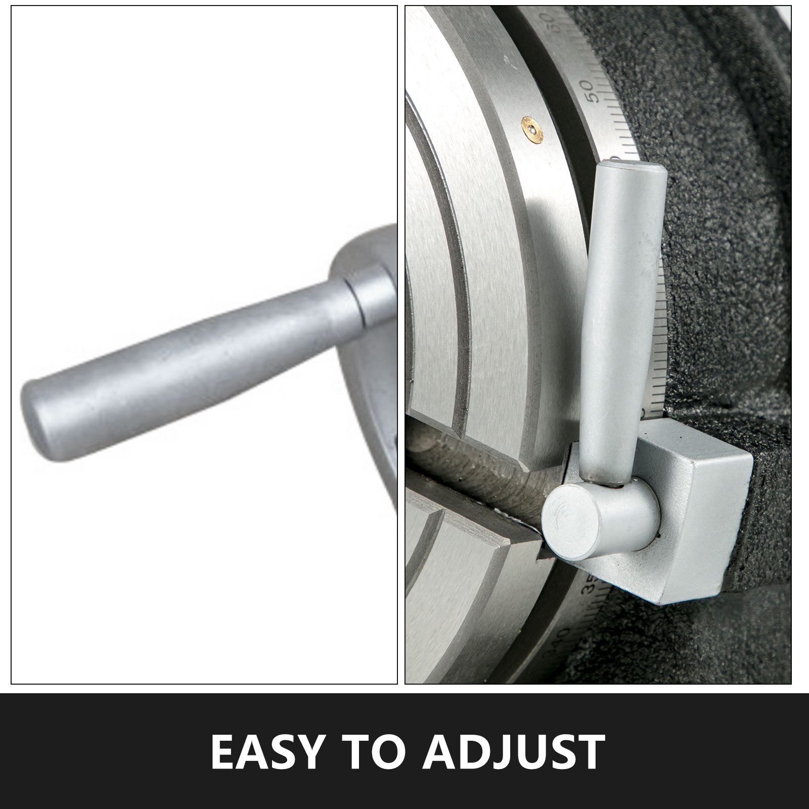 close-up of the VEVOR rotary table adjustment handle for easy operation and precision.