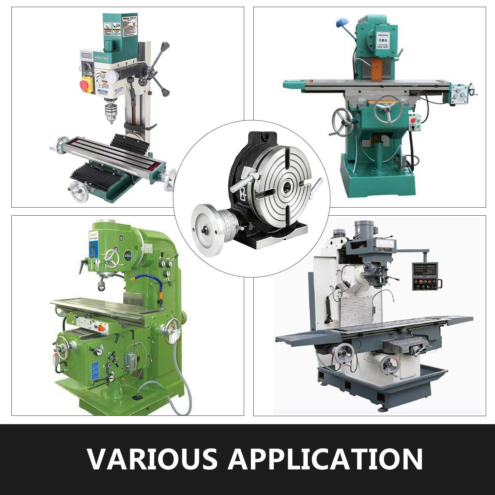 industrial machines showcasing VEVOR rotary table applications. various models displayed.