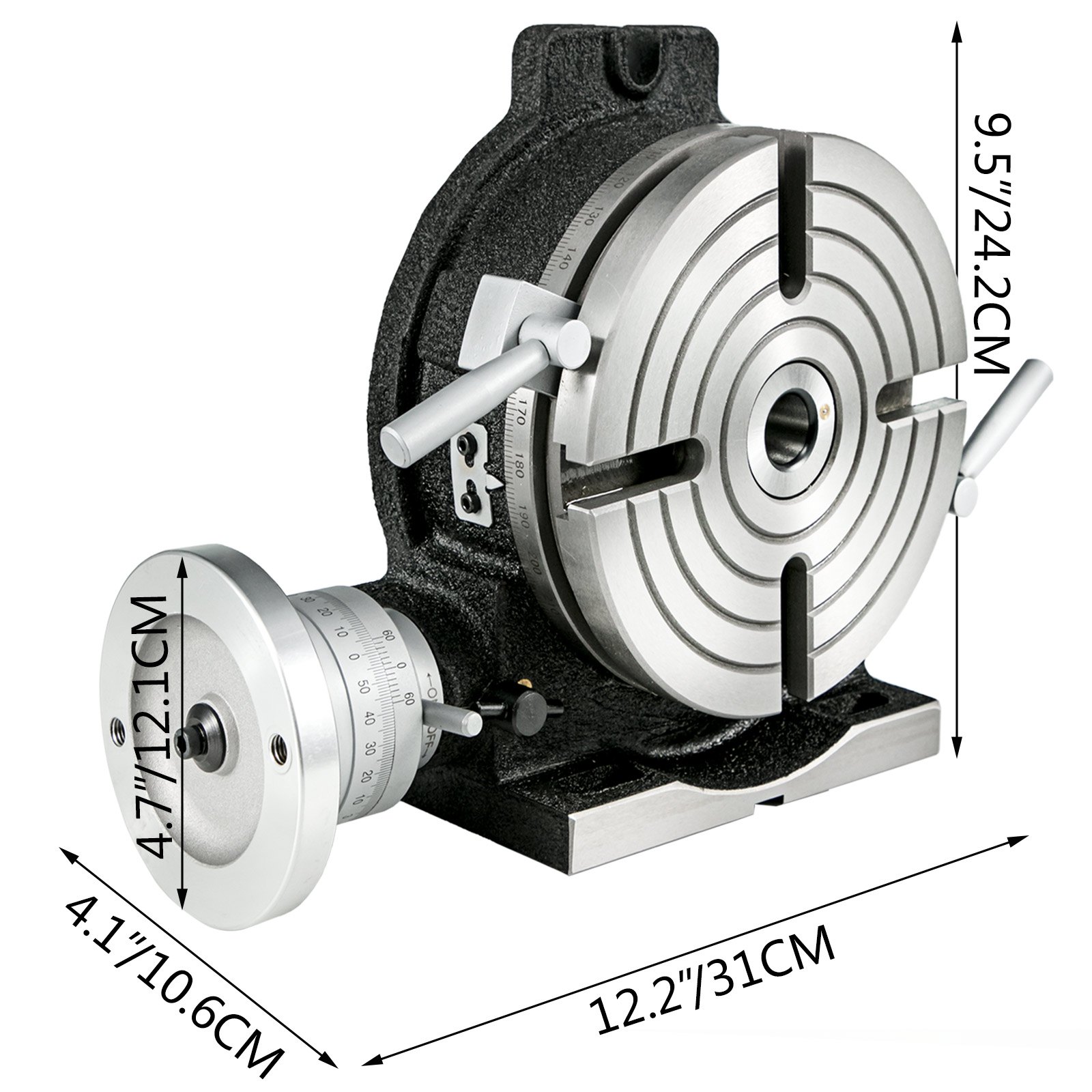VEVOR rotary table with precise dimensions: 12.2&quot;x31cm base, 9.5&quot;x24.2cm height.