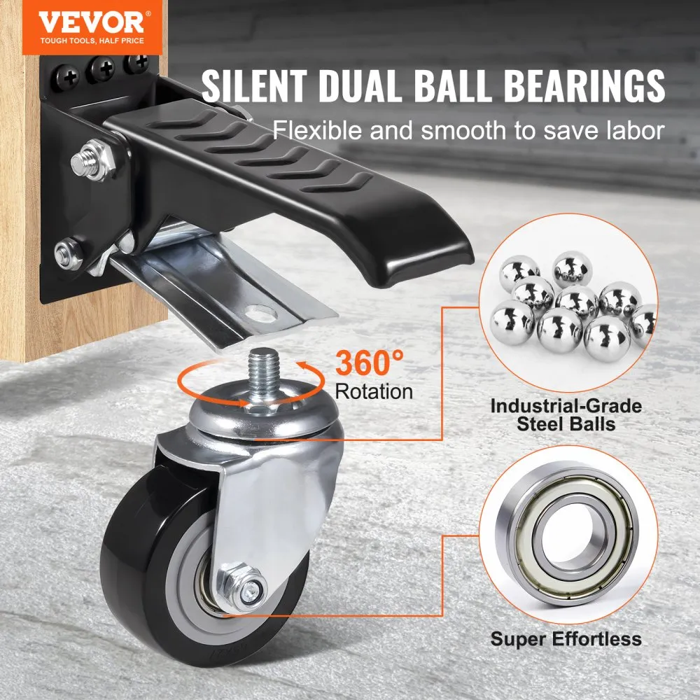 VEVOR Workbench Caster Wheels, 74.8kg Load Capacity, Set of 4, 6.3cm Heavy Duty Retractable Casters, Side Mounted Adjustable Stepdown Wheels with 360° Swivel for Workbenches, Tables, and Equipment