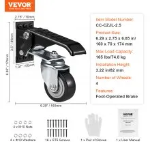 VEVOR Workbench Caster Wheels, 165 lbs Load Capacity, Set of 4, 2.5" Heavy Duty Retractable Casters, Side Mounted Adjustable Stepdown Wheels with 360° Swivel for Workbenches, Tables, and Equipment