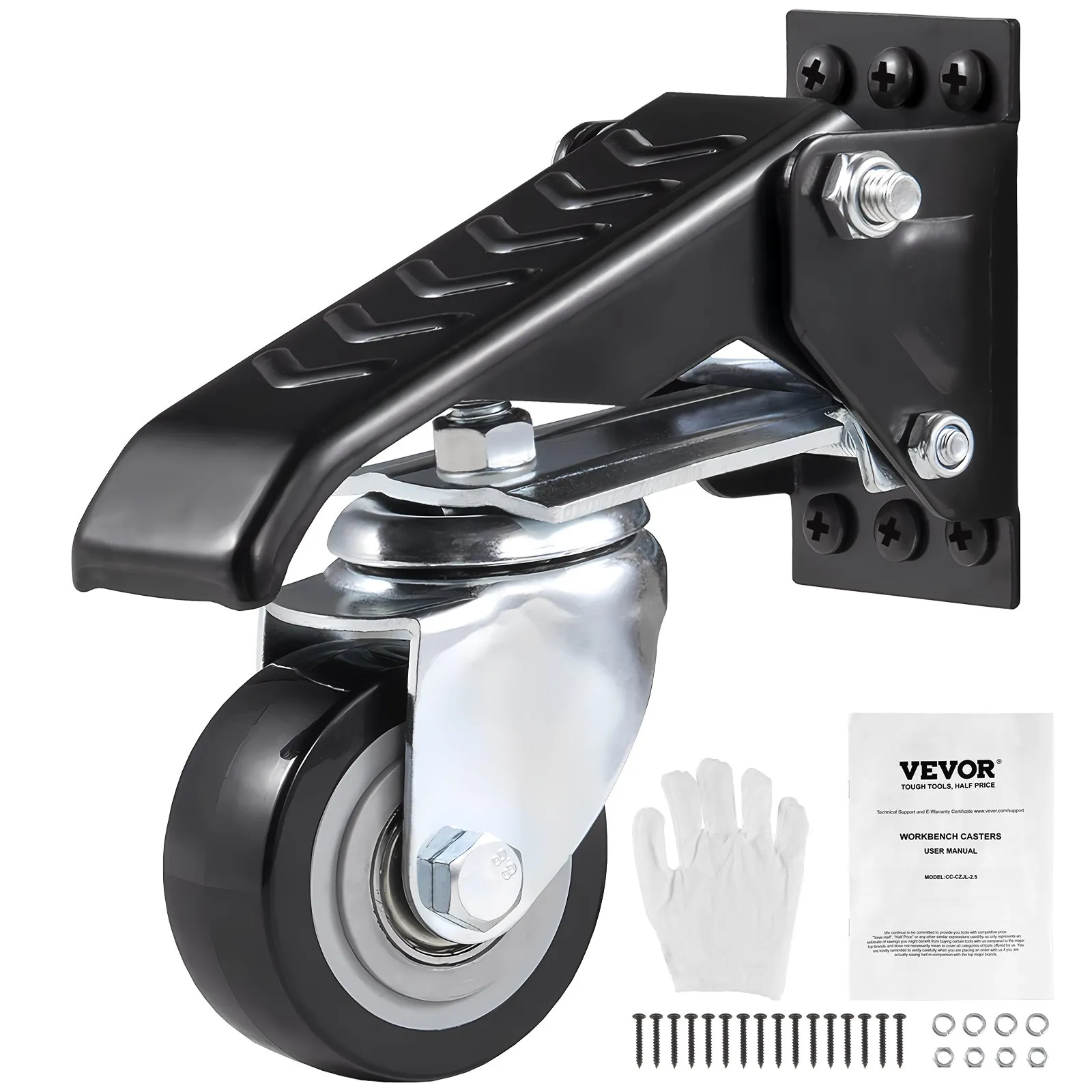 VEVOR Workbench Caster Wheels, 74.8kg Load Capacity, Set of 4, 6.3cm Heavy Duty Retractable Casters, Side Mounted Adjustable Stepdown Wheels with 360° Swivel for Workbenches, Tables, and Equipment