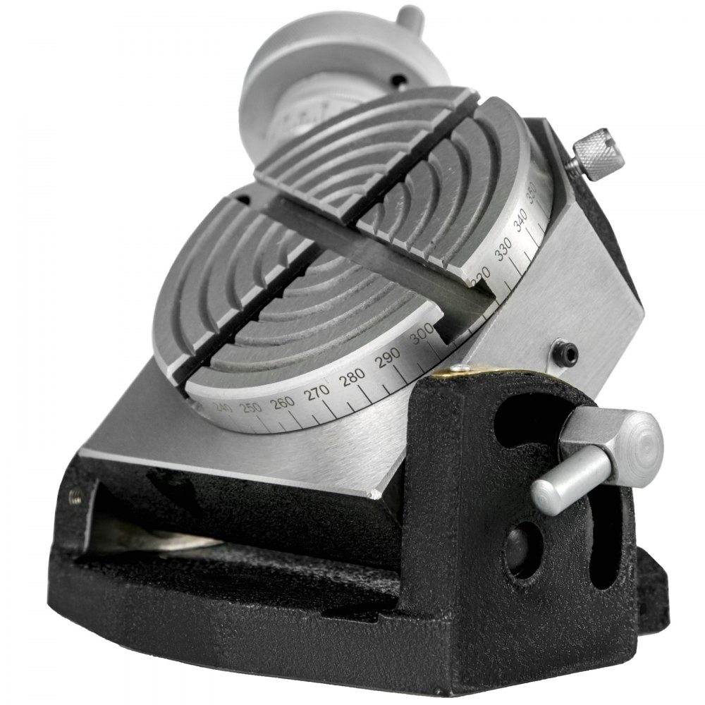 VEVOR rotary table with degree scale and crank handle, angled side view.