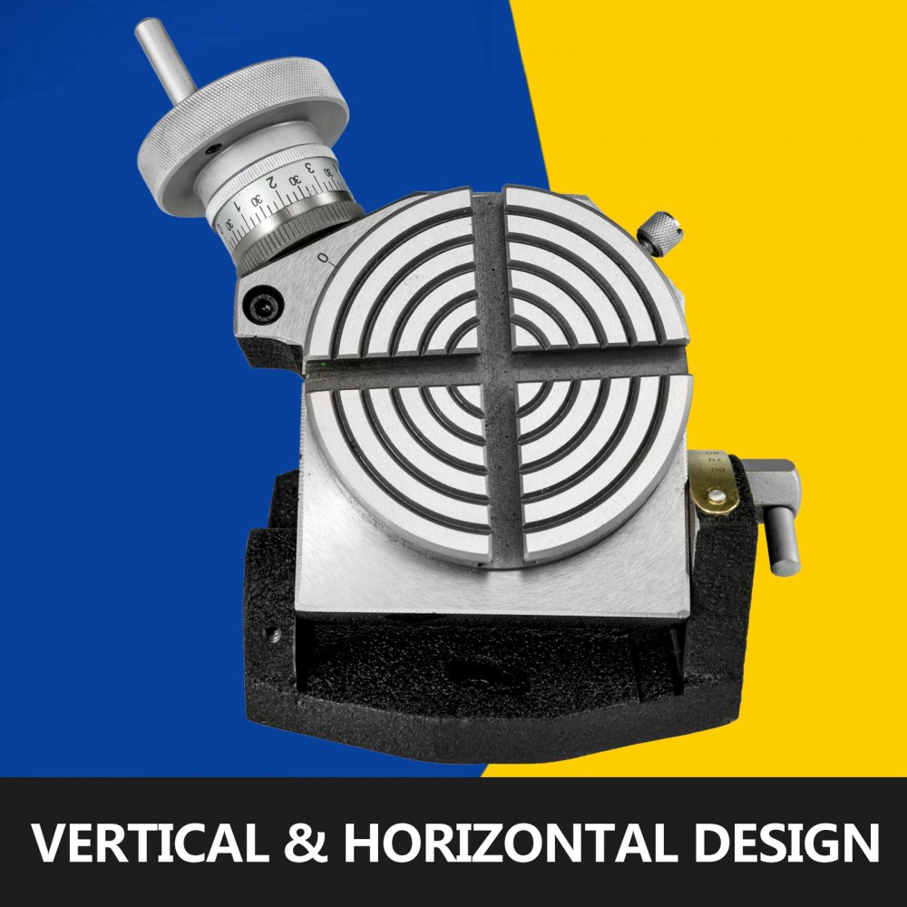 VEVOR rotary table with vertical and horizontal design on blue and yellow background.