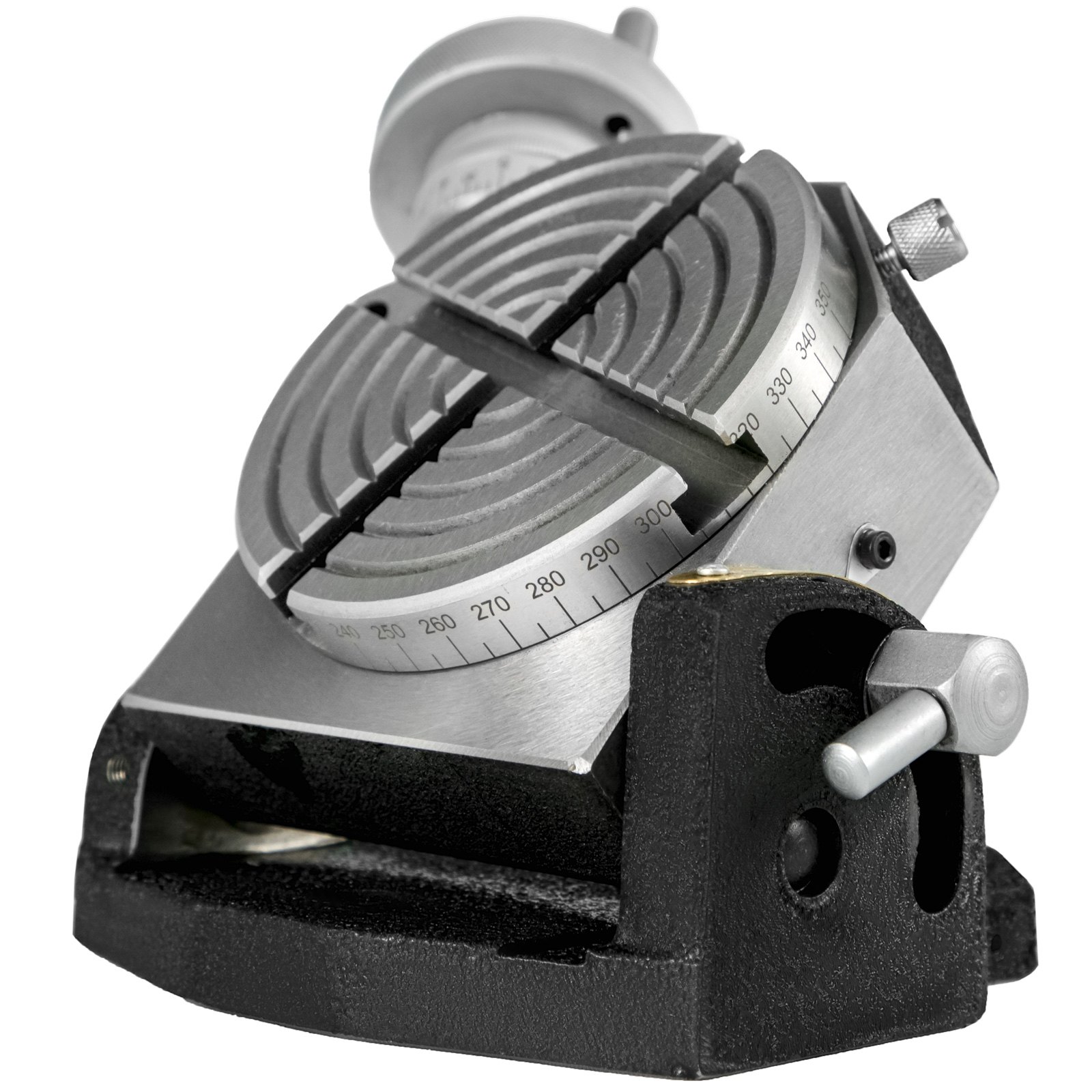 VEVOR rotary table with degree scale and crank handle, angled side view.