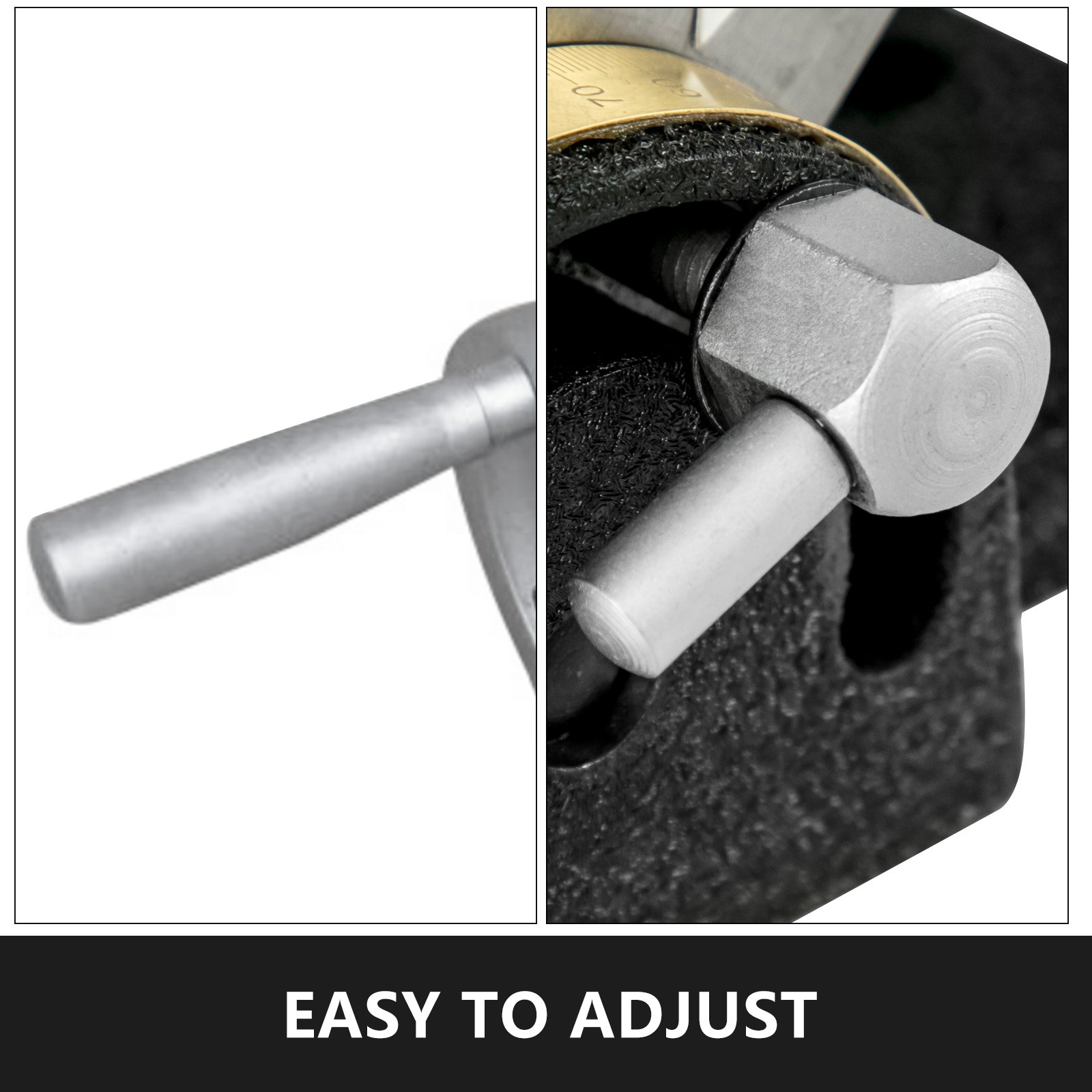 handle and adjustment knob of the VEVOR rotary table, text reads &quot;easy to adjust&quot;.