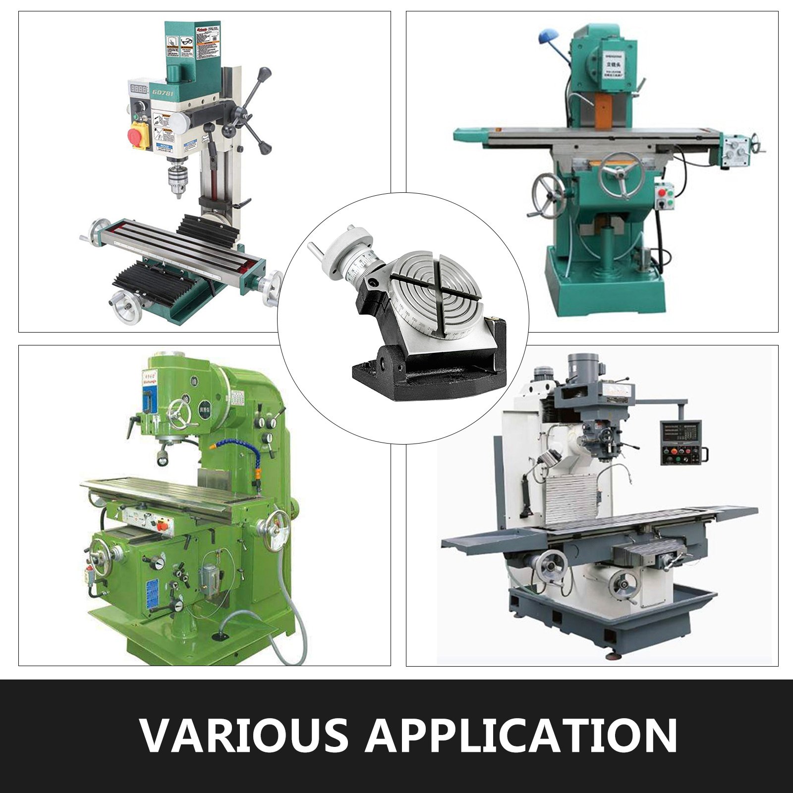 VEVOR rotary table showcased with various milling machines, highlighting multiple applications.