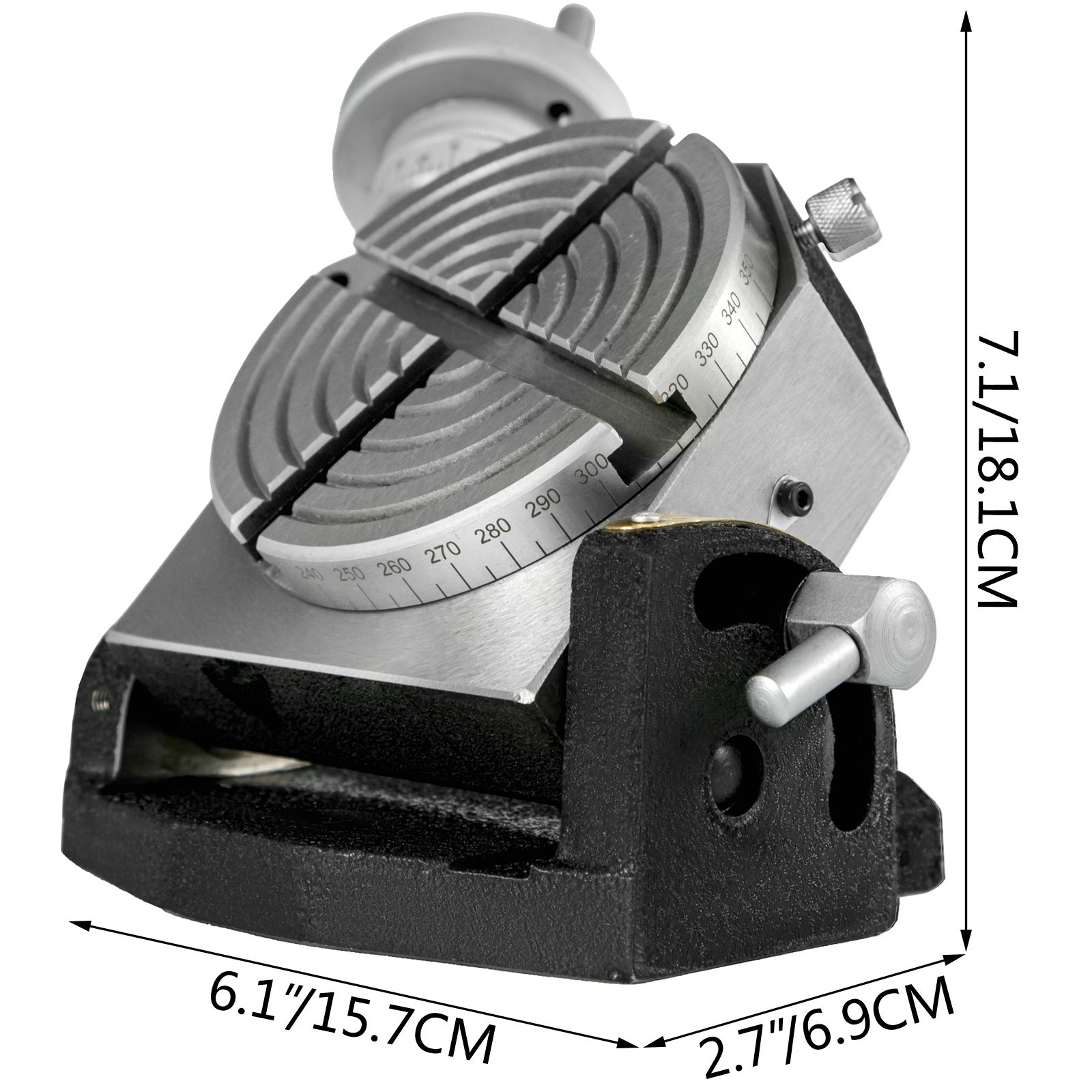 VEVOR rotary table with measurement details: 7.1&quot;/18.1cm height, 6.1&quot;/15.7cm width.