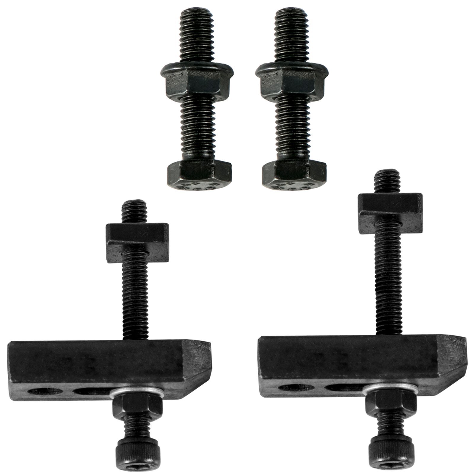 black mounting bolts and clamps for VEVOR rotary table, arranged on white background.