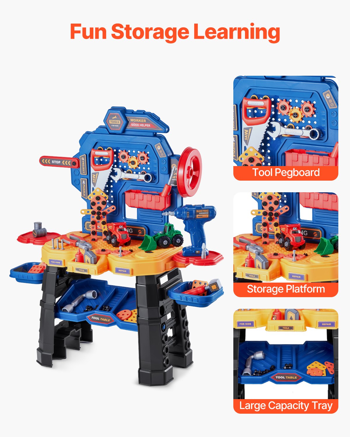 VEVOR Kids Workbench, 181 pcs, Kids Tool Bench with Realistic Tools and Electric Drill, Pretend Play Construction Workbench Toys for Toddlers, Toddler Work Bench Learning Gift for Boys & Girls Age 3+