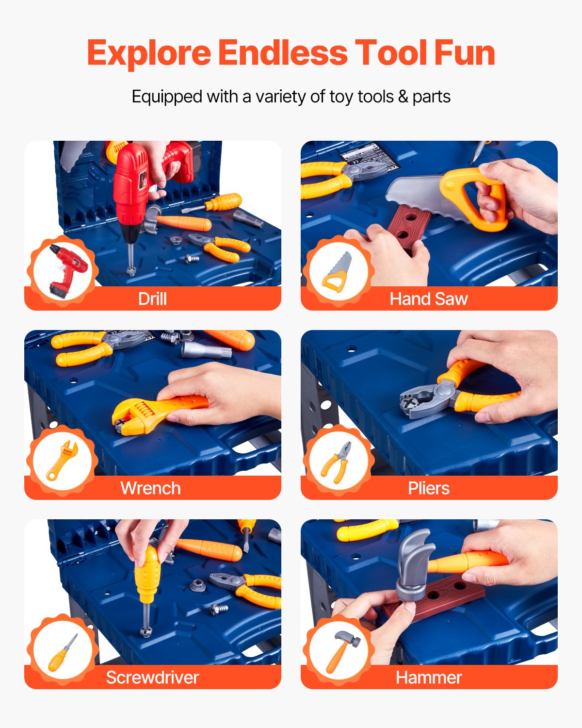 VEVOR Kids Workbench, 56 pcs, Kids Tool Bench with Realistic Tools and Electric Drill, Pretend Play Construction Workbench Toys for Toddlers, Toddler Work Bench Learning Gift for Boys & Girls Age 3+