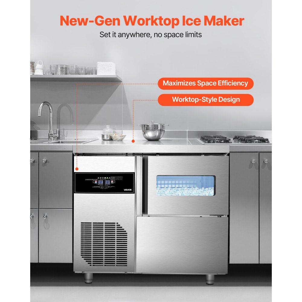 Máquina de hielo comercial VEVOR, 132 lb/24 h, de acero inoxidable, con encimera, depósito de hielo de 30 lb y pantalla táctil, autolimpiable, para casa, bar, restaurante y cocina.