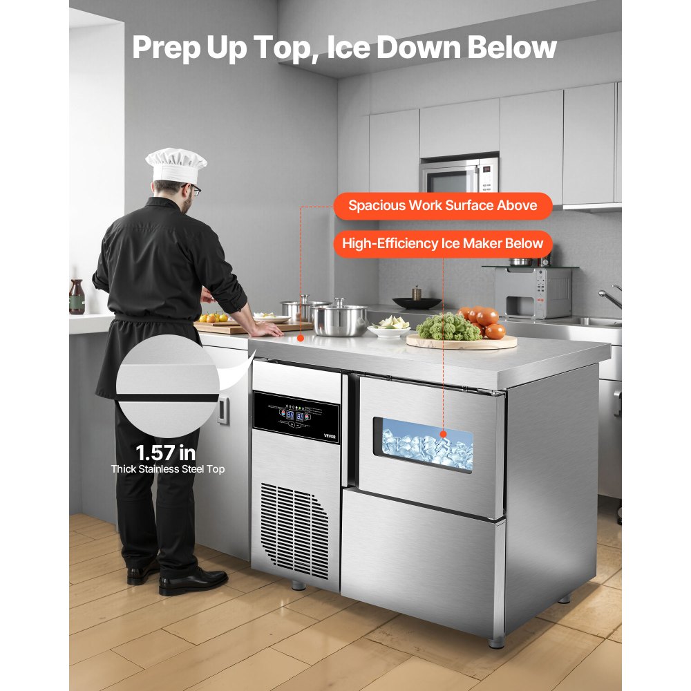 Máquina de hielo comercial VEVOR, 132 lb/24 h, de acero inoxidable, con encimera, depósito de hielo de 30 lb y pantalla táctil, autolimpiable, para casa, bar, restaurante y cocina.