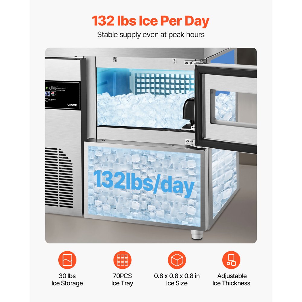 Máquina de hielo comercial VEVOR, 132 lb/24 h, de acero inoxidable, con encimera, depósito de hielo de 30 lb y pantalla táctil, autolimpiable, para casa, bar, restaurante y cocina.