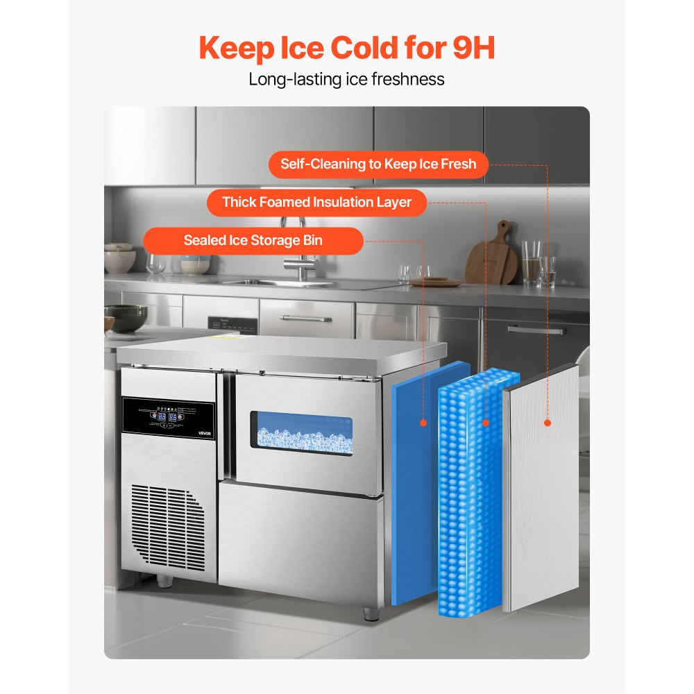 Máquina de hielo comercial VEVOR, 132 lb/24 h, de acero inoxidable, con encimera, depósito de hielo de 30 lb y pantalla táctil, autolimpiable, para casa, bar, restaurante y cocina.