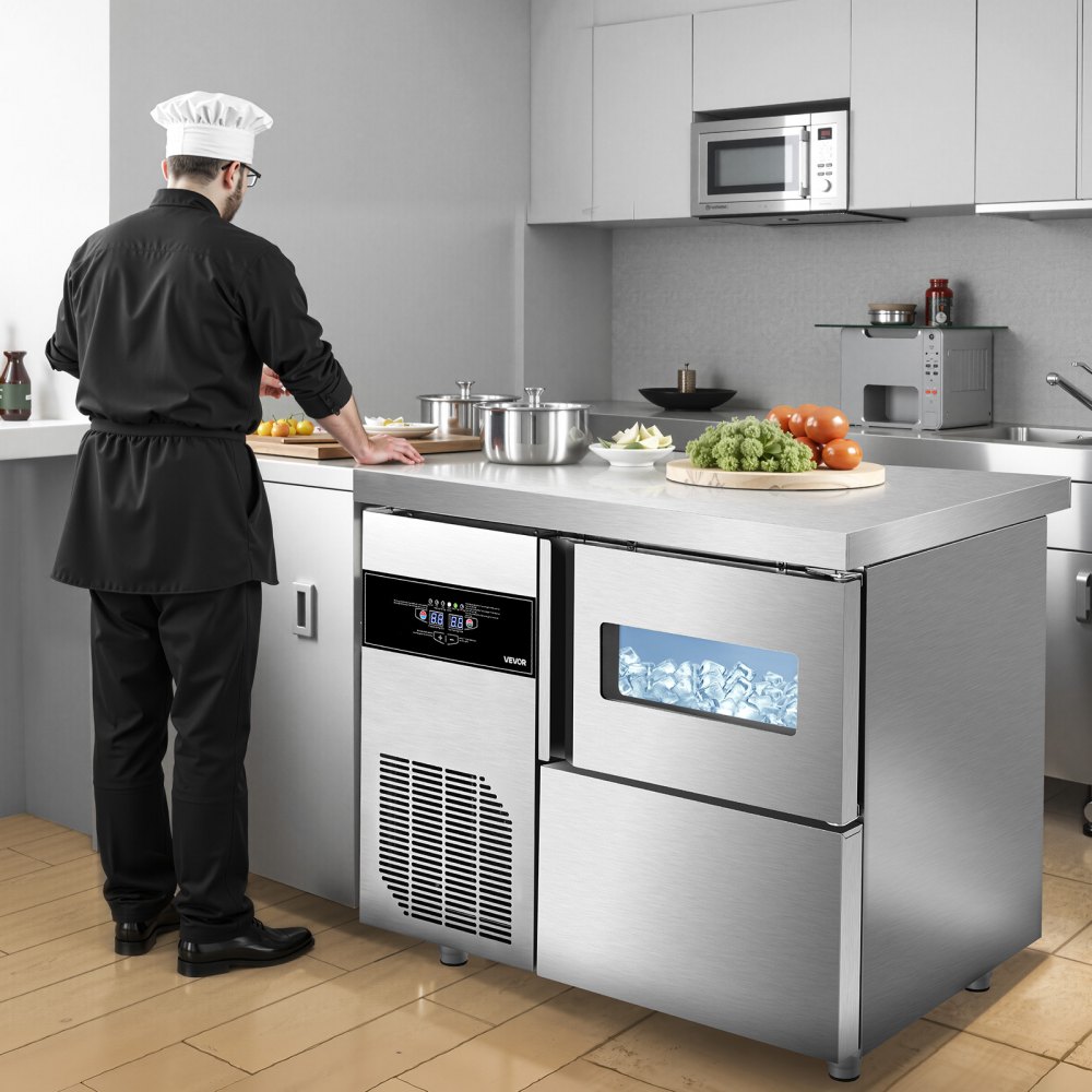Máquina de hielo comercial VEVOR, 132 lb/24 h, de acero inoxidable, con encimera, depósito de hielo de 30 lb y pantalla táctil, autolimpiable, para casa, bar, restaurante y cocina.