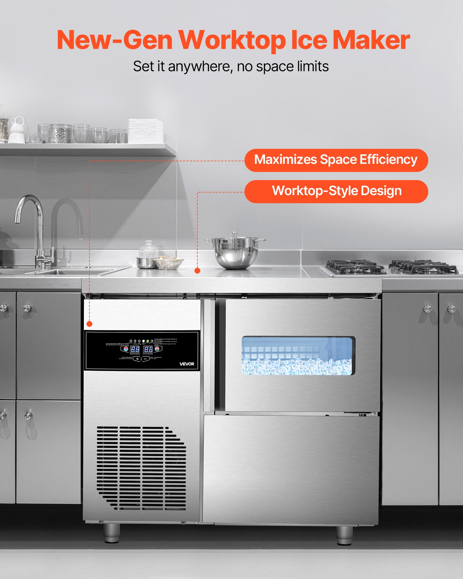 Máquina de hielo comercial VEVOR, 132 lb/24 h, de acero inoxidable, con encimera, depósito de hielo de 30 lb y pantalla táctil, autolimpiable, para casa, bar, restaurante y cocina.