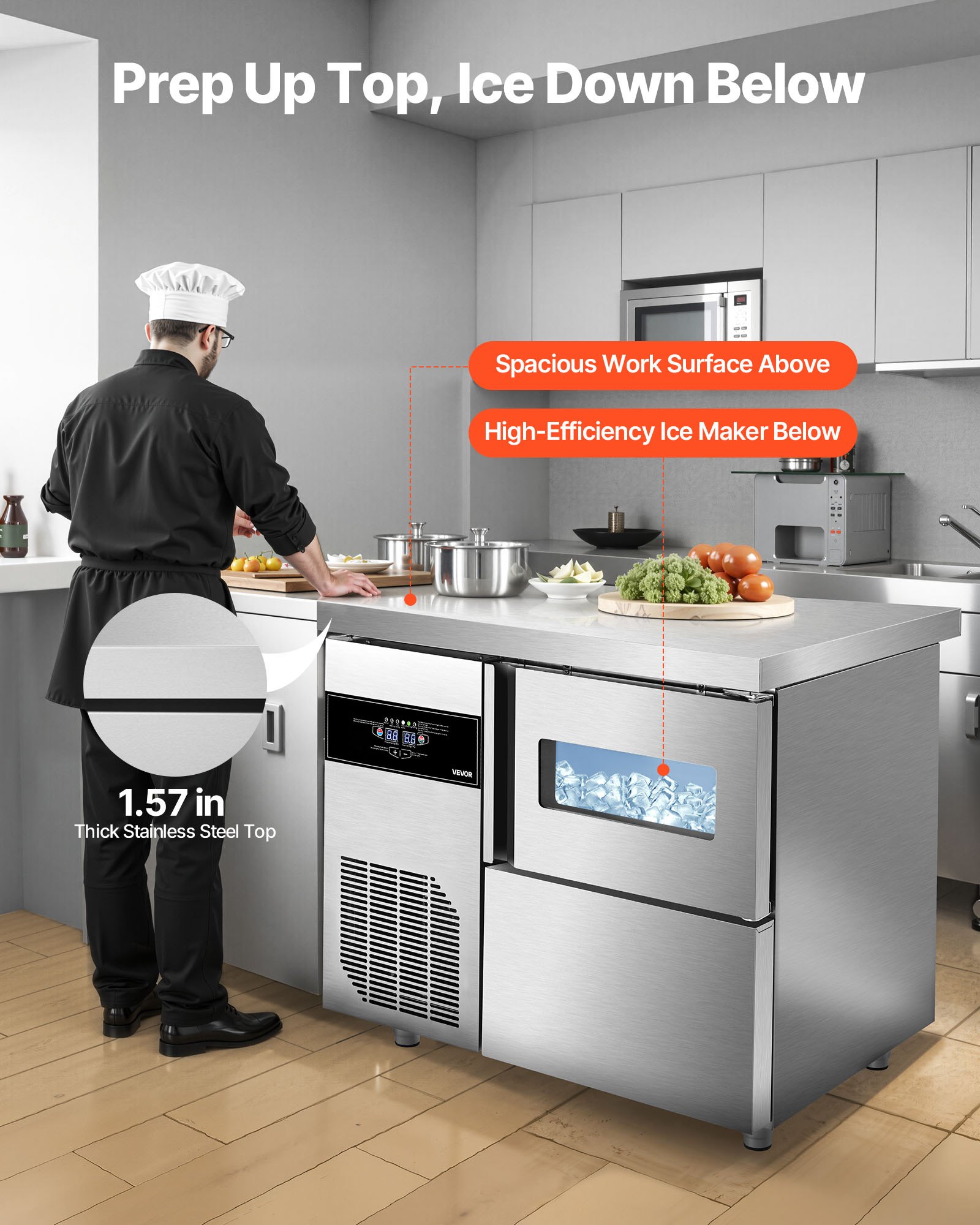 Máquina de hielo comercial VEVOR, 132 lb/24 h, de acero inoxidable, con encimera, depósito de hielo de 30 lb y pantalla táctil, autolimpiable, para casa, bar, restaurante y cocina.