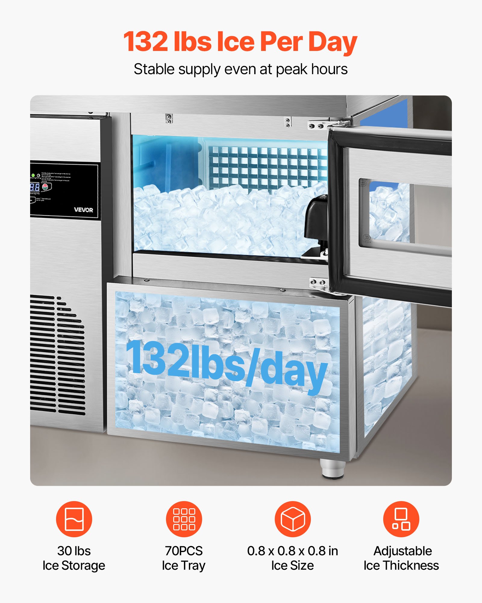 Máquina de hielo comercial VEVOR, 132 lb/24 h, de acero inoxidable, con encimera, depósito de hielo de 30 lb y pantalla táctil, autolimpiable, para casa, bar, restaurante y cocina.