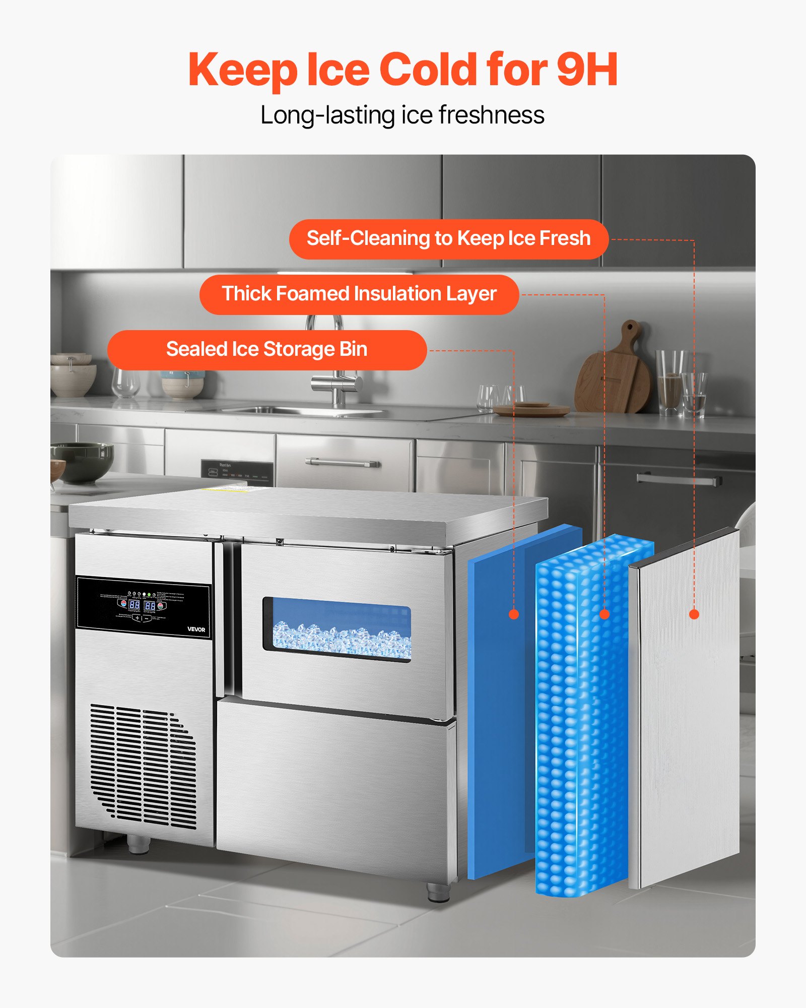 Máquina de hielo comercial VEVOR, 132 lb/24 h, de acero inoxidable, con encimera, depósito de hielo de 30 lb y pantalla táctil, autolimpiable, para casa, bar, restaurante y cocina.