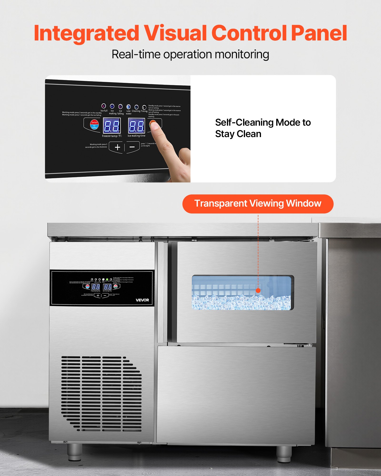 Máquina de hielo comercial VEVOR, 132 lb/24 h, de acero inoxidable, con encimera, depósito de hielo de 30 lb y pantalla táctil, autolimpiable, para casa, bar, restaurante y cocina.