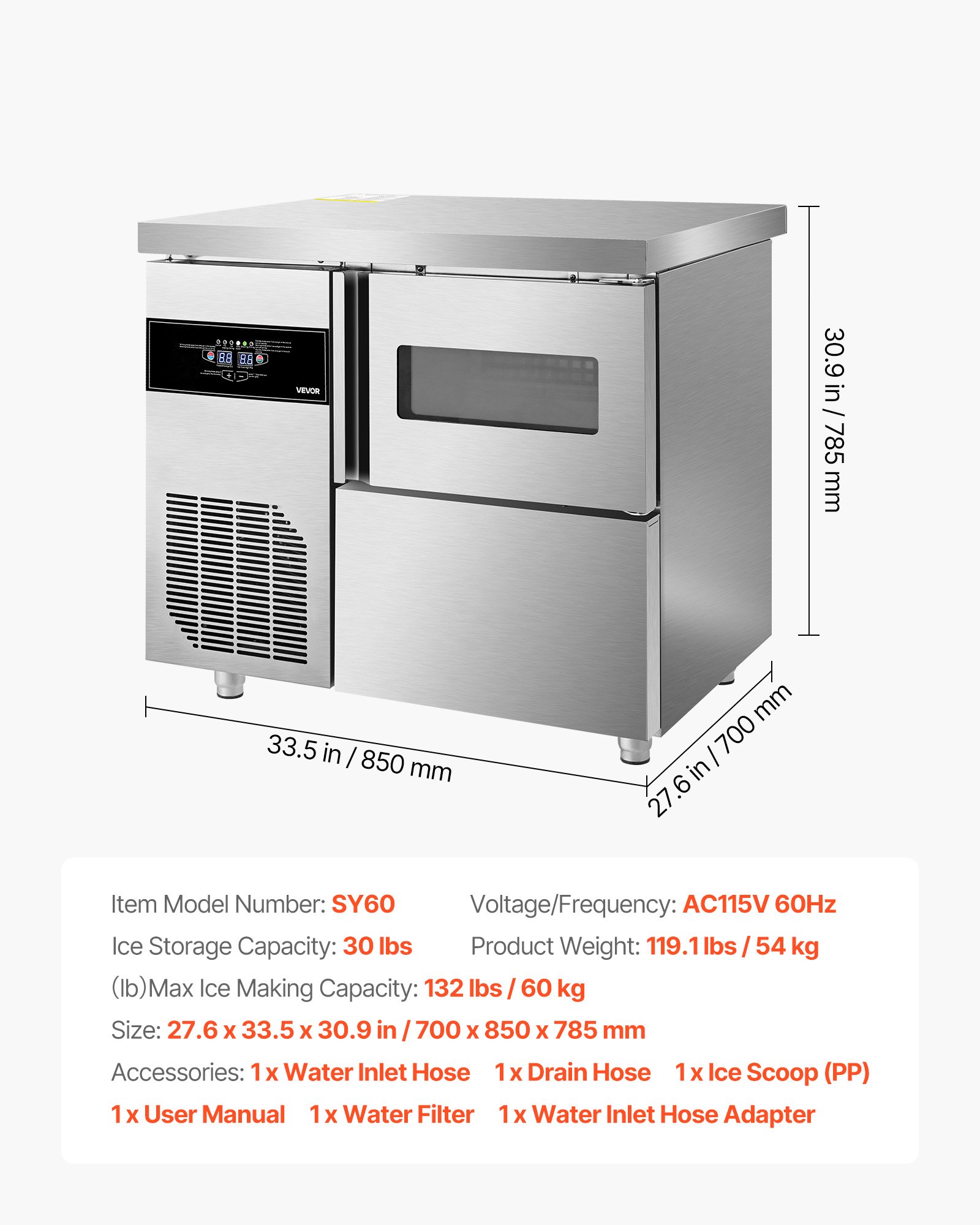 Máquina de hielo comercial VEVOR, 132 lb/24 h, de acero inoxidable, con encimera, depósito de hielo de 30 lb y pantalla táctil, autolimpiable, para casa, bar, restaurante y cocina.
