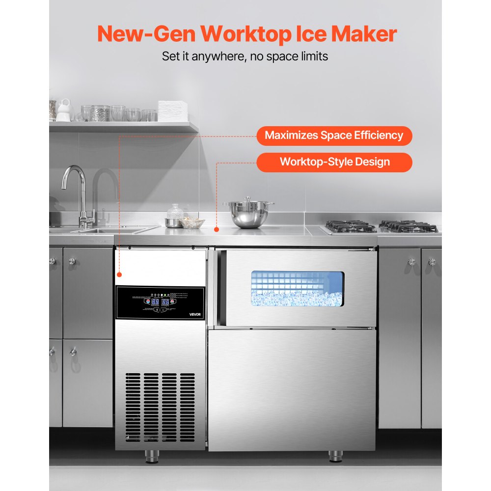 Máquina de hielo comercial VEVOR, 100 kg/24 h, de acero inoxidable, con encimera, depósito de hielo de 30 kg y pantalla táctil, autolimpiable, para casa, bar, restaurante y cocina.