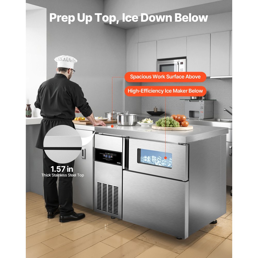 Máquina de hielo comercial VEVOR, 100 kg/24 h, de acero inoxidable, con encimera, depósito de hielo de 30 kg y pantalla táctil, autolimpiable, para casa, bar, restaurante y cocina.