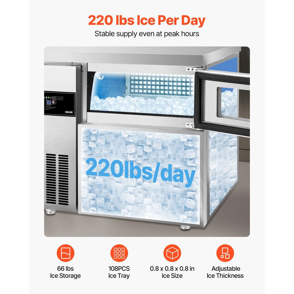 Máquina de hielo comercial VEVOR, 100 kg/24 h, de acero inoxidable, con encimera, depósito de hielo de 30 kg y pantalla táctil, autolimpiable, para casa, bar, restaurante y cocina.