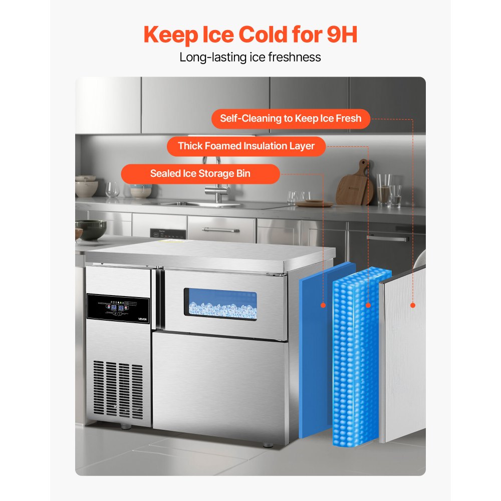 Máquina de hielo comercial VEVOR, 100 kg/24 h, de acero inoxidable, con encimera, depósito de hielo de 30 kg y pantalla táctil, autolimpiable, para casa, bar, restaurante y cocina.