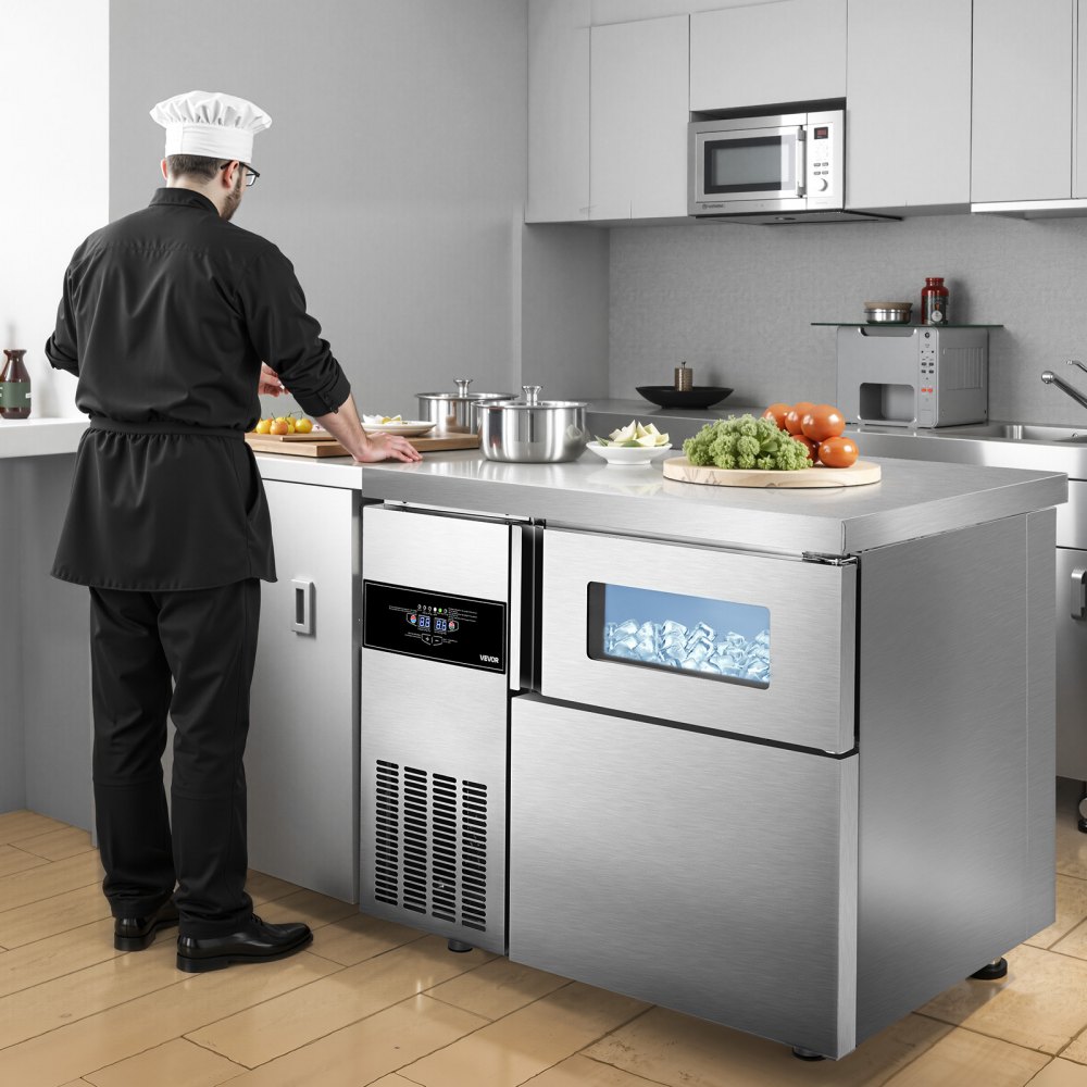 Máquina de hielo comercial VEVOR, 100 kg/24 h, de acero inoxidable, con encimera, depósito de hielo de 30 kg y pantalla táctil, autolimpiable, para casa, bar, restaurante y cocina.