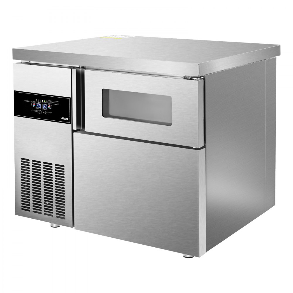 Máquina de hielo comercial VEVOR, 100 kg/24 h, de acero inoxidable, con encimera, depósito de hielo de 30 kg y pantalla táctil, autolimpiable, para casa, bar, restaurante y cocina.