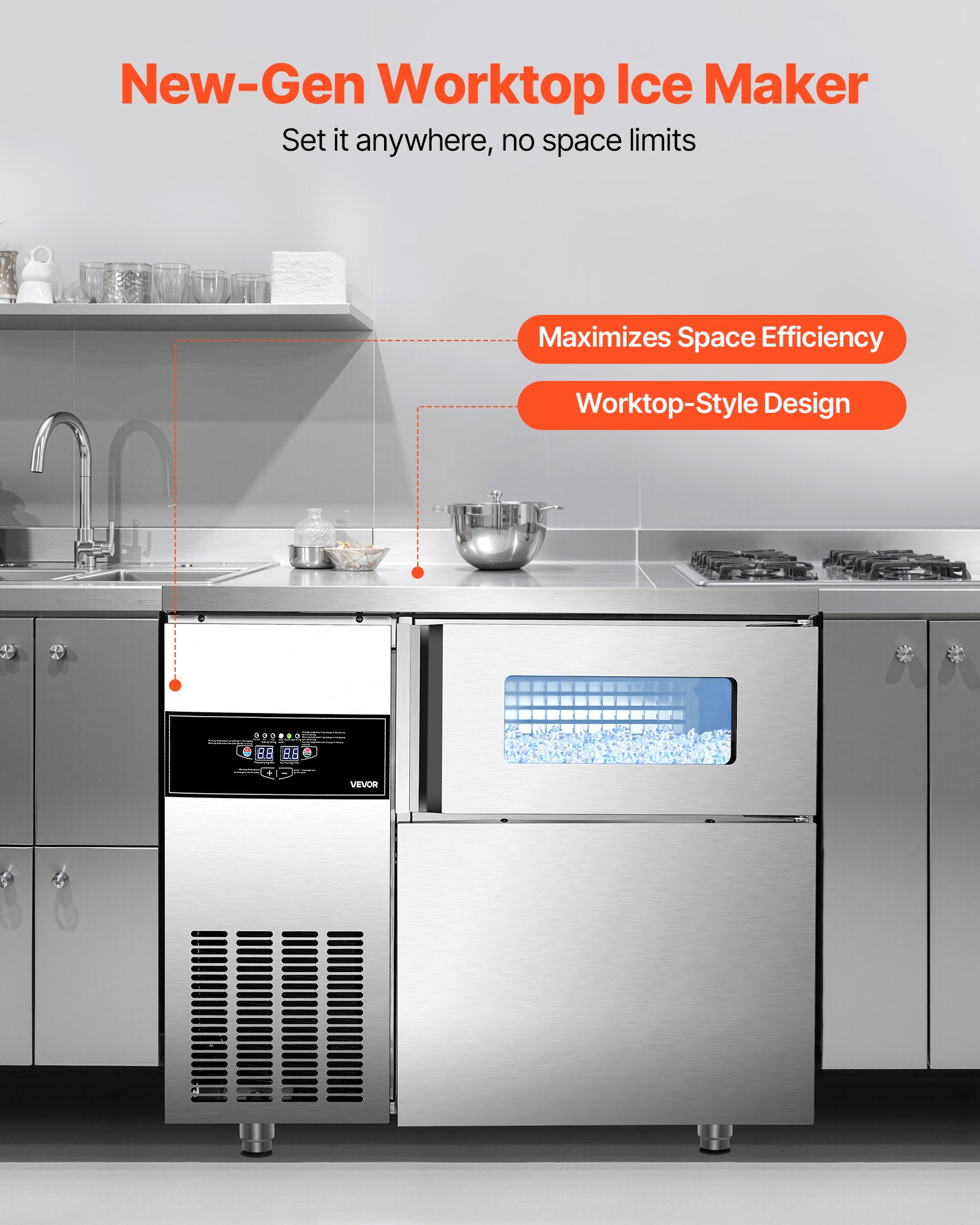Máquina de hielo comercial VEVOR, 100 kg/24 h, de acero inoxidable, con encimera, depósito de hielo de 30 kg y pantalla táctil, autolimpiable, para casa, bar, restaurante y cocina.