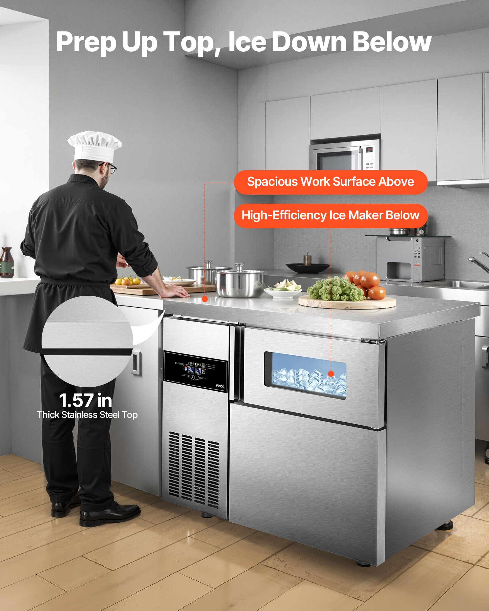 Máquina de hielo comercial VEVOR, 100 kg/24 h, de acero inoxidable, con encimera, depósito de hielo de 30 kg y pantalla táctil, autolimpiable, para casa, bar, restaurante y cocina.
