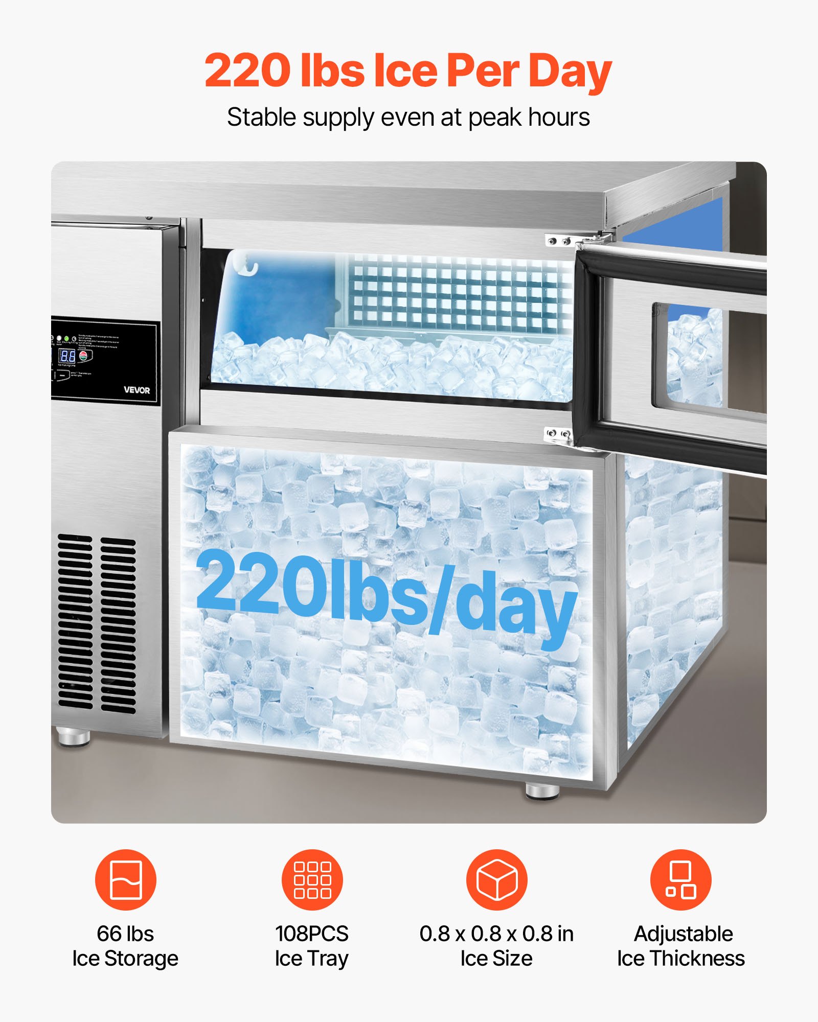 Máquina de hielo comercial VEVOR, 100 kg/24 h, de acero inoxidable, con encimera, depósito de hielo de 30 kg y pantalla táctil, autolimpiable, para casa, bar, restaurante y cocina.