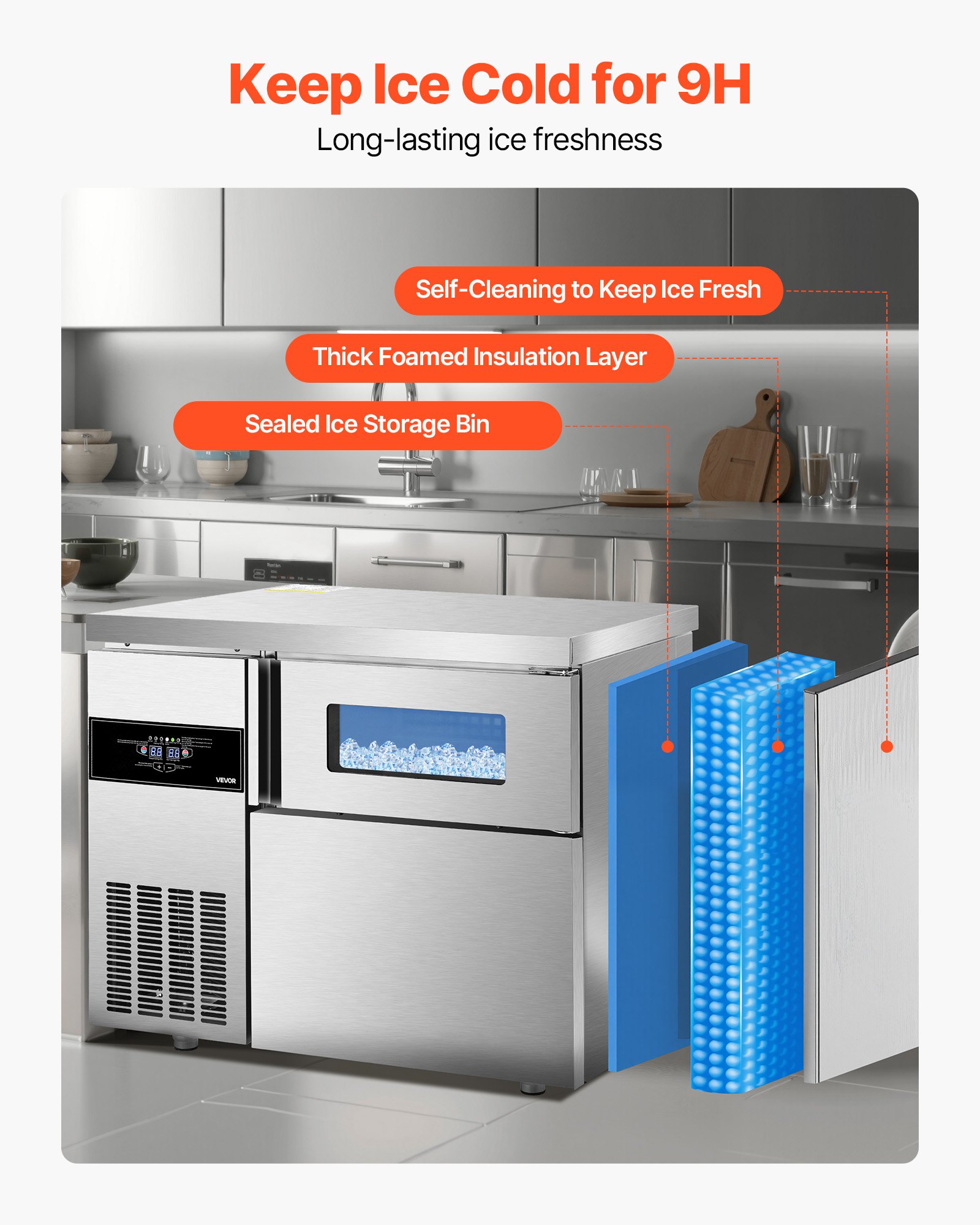 Máquina de hielo comercial VEVOR, 100 kg/24 h, de acero inoxidable, con encimera, depósito de hielo de 30 kg y pantalla táctil, autolimpiable, para casa, bar, restaurante y cocina.