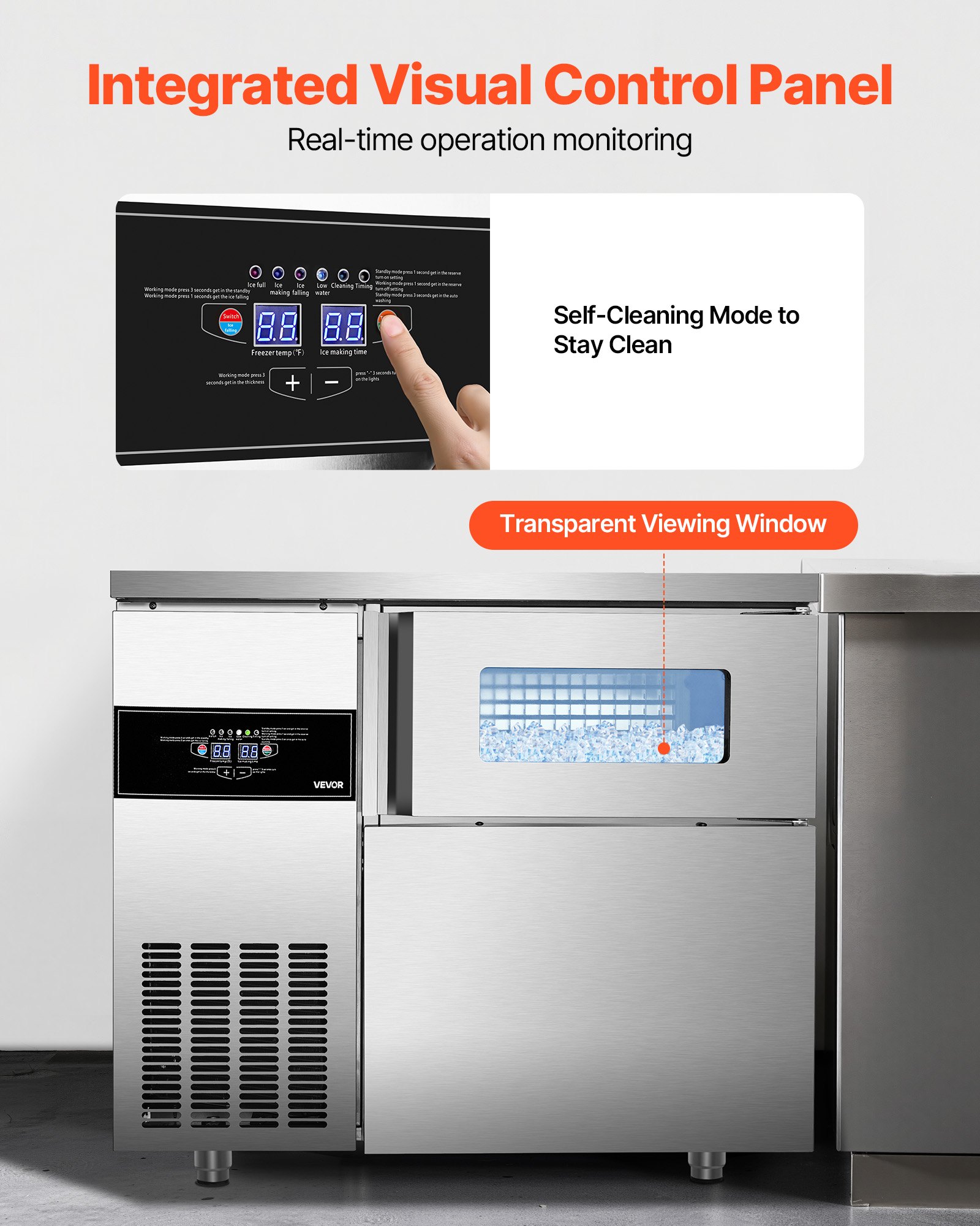 Máquina de hielo comercial VEVOR, 100 kg/24 h, de acero inoxidable, con encimera, depósito de hielo de 30 kg y pantalla táctil, autolimpiable, para casa, bar, restaurante y cocina.