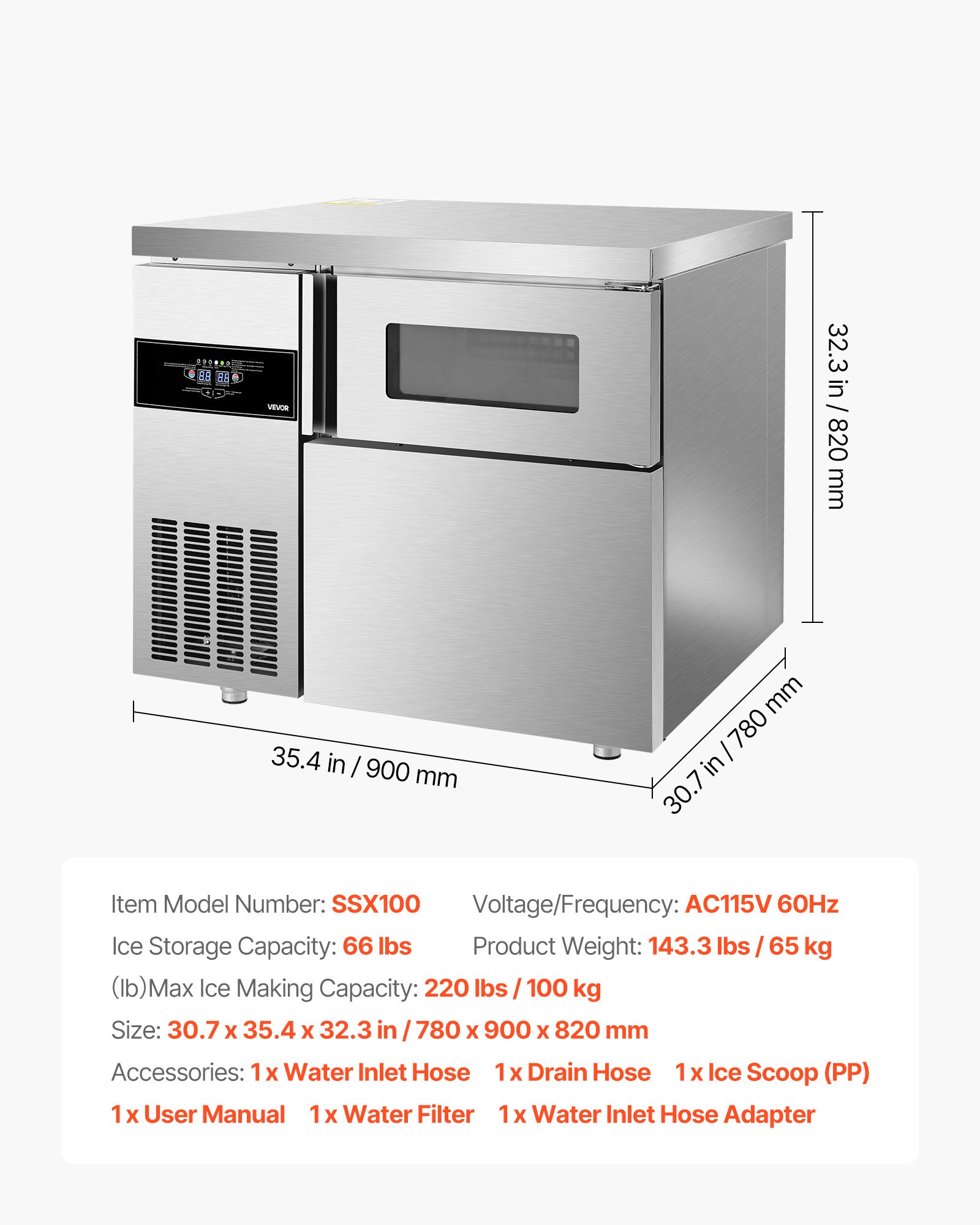 Máquina de hielo comercial VEVOR, 100 kg/24 h, de acero inoxidable, con encimera, depósito de hielo de 30 kg y pantalla táctil, autolimpiable, para casa, bar, restaurante y cocina.