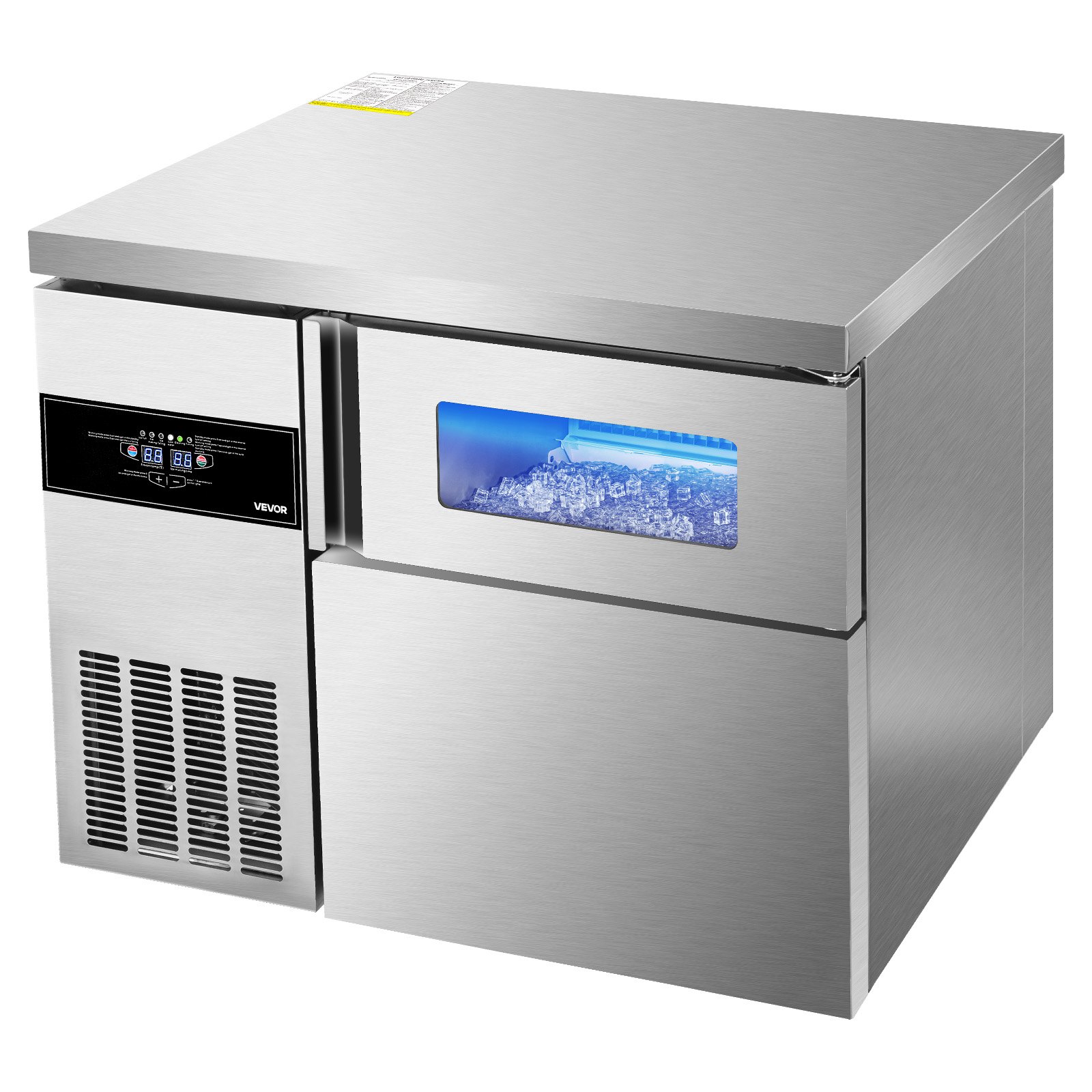 Máquina de hielo comercial VEVOR, 100 kg/24 h, de acero inoxidable, con encimera, depósito de hielo de 30 kg y pantalla táctil, autolimpiable, para casa, bar, restaurante y cocina.