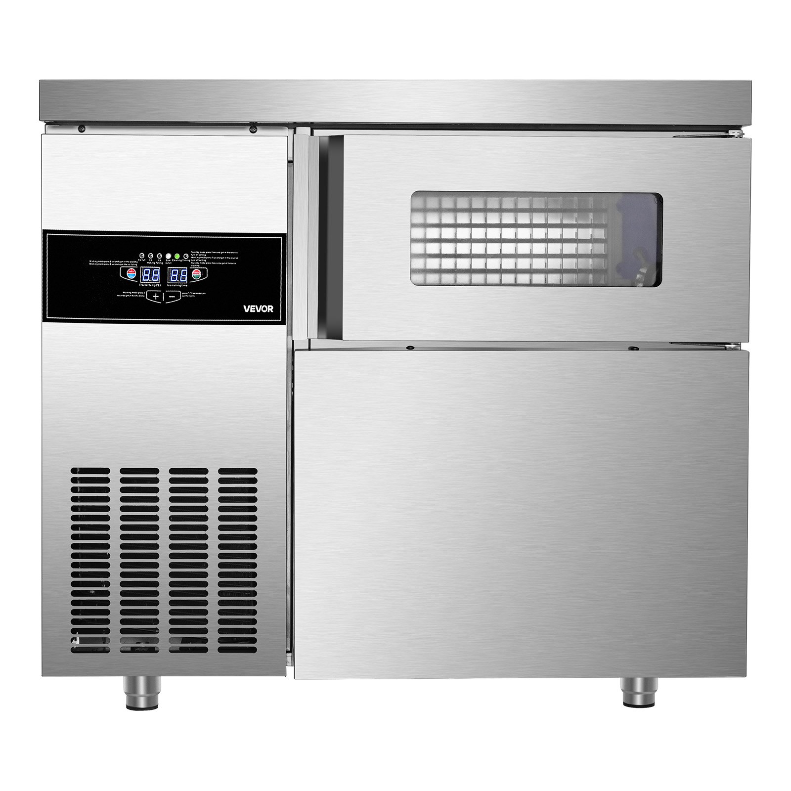 Máquina de hielo comercial VEVOR, 100 kg/24 h, de acero inoxidable, con encimera, depósito de hielo de 30 kg y pantalla táctil, autolimpiable, para casa, bar, restaurante y cocina.