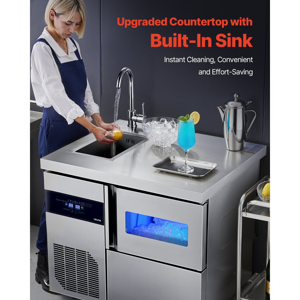 VEVOR Commercial Ice Maker Machine, 132 lbs/24H Stainless Steel Worktop Ice Machine with Sink, 30 lbs Storage & 70 Cubes/Cycle, Self-Cleaning Freestanding Ice-Making for Home Bar Restaurant Kitchen