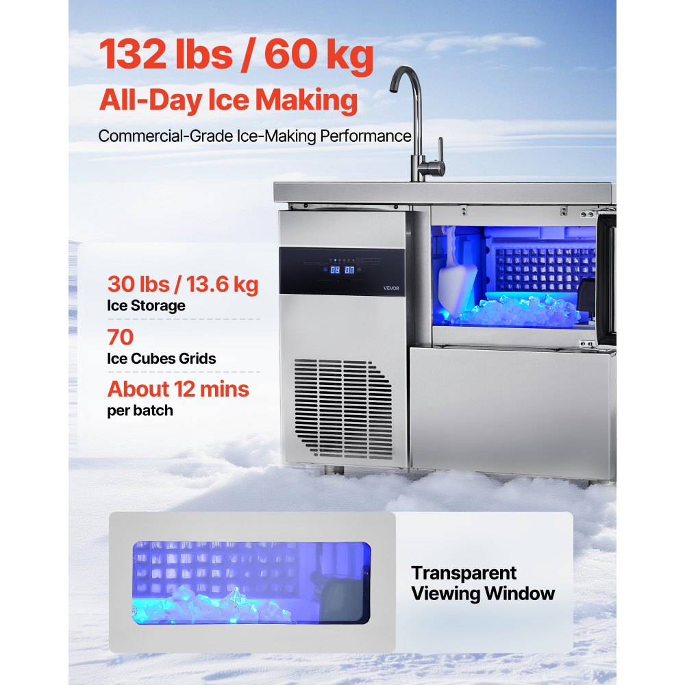 VEVOR Commercial Ice Maker Machine, 132 lbs/24H Stainless Steel Worktop Ice Machine with Sink, 30 lbs Storage & 70 Cubes/Cycle, Self-Cleaning Freestanding Ice-Making for Home Bar Restaurant Kitchen