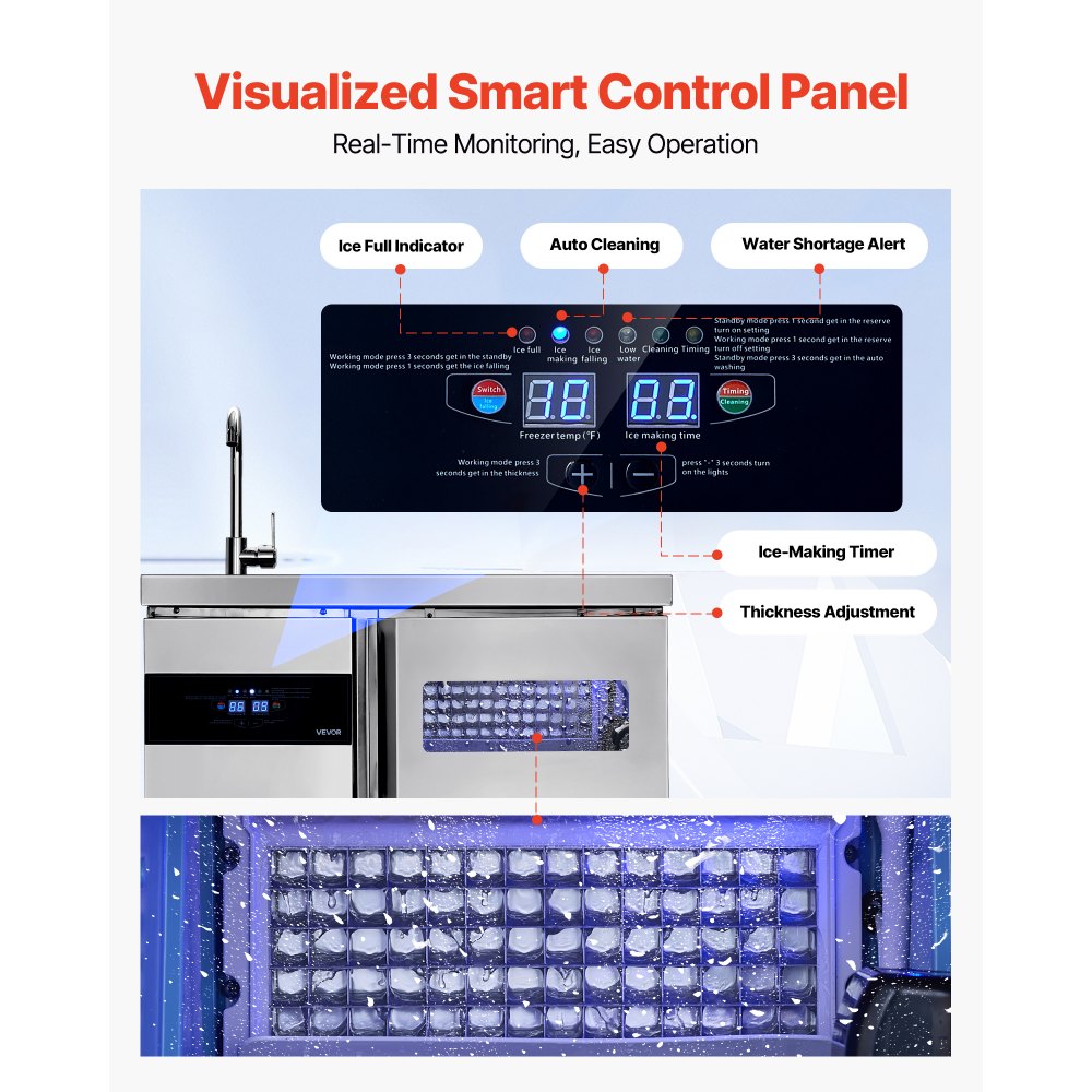 VEVOR Commercial Ice Maker Machine, 132 lbs/24H Stainless Steel Worktop Ice Machine with Sink, 30 lbs Storage & 70 Cubes/Cycle, Self-Cleaning Freestanding Ice-Making for Home Bar Restaurant Kitchen