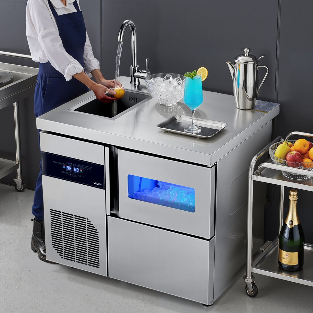 VEVOR Commercial Ice Maker Machine, 132 lbs/24H Stainless Steel Worktop Ice Machine with Sink, 30 lbs Storage & 70 Cubes/Cycle, Self-Cleaning Freestanding Ice-Making for Home Bar Restaurant Kitchen