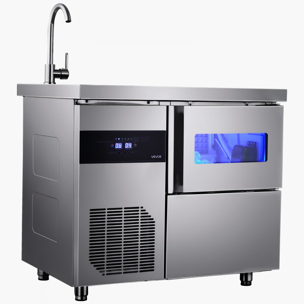 VEVOR Commercial Ice Maker Machine, 132 lbs/24H Stainless Steel Worktop Ice Machine with Sink, 30 lbs Storage & 70 Cubes/Cycle, Self-Cleaning Freestanding Ice-Making for Home Bar Restaurant Kitchen