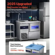 VEVOR Commercial Ice Maker Machine, 132 lbs/24H Stainless Steel Worktop Ice Machine with Sink, 30 lbs Storage & 70 Cubes/Cycle, Self-Cleaning Freestanding Ice-Making for Home Bar Restaurant Kitchen
