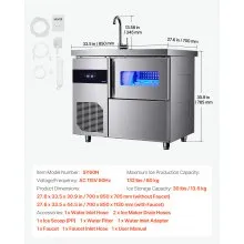 VEVOR Commercial Ice Maker Machine, 132 lbs/24H Stainless Steel Worktop Ice Machine with Sink, 30 lbs Storage & 70 Cubes/Cycle, Self-Cleaning Freestanding Ice-Making for Home Bar Restaurant Kitchen