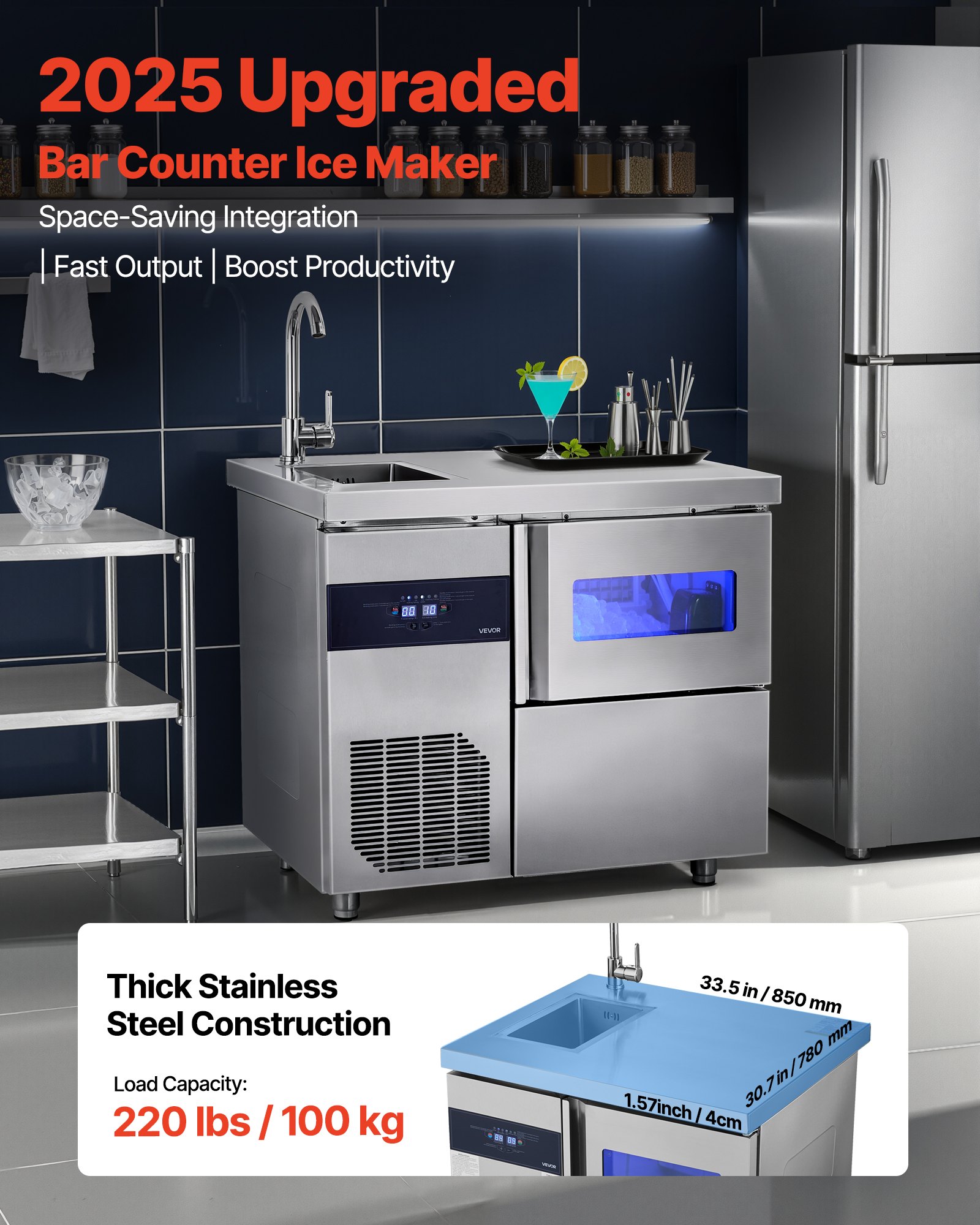 VEVOR Commercial Ice Maker Machine, 132 lbs/24H Stainless Steel Worktop Ice Machine with Sink, 30 lbs Storage & 70 Cubes/Cycle, Self-Cleaning Freestanding Ice-Making for Home Bar Restaurant Kitchen